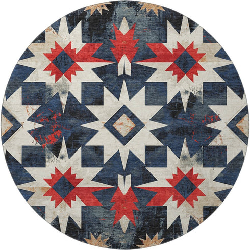 8' Navy Blue Red And Ivory Diamond Washable Round Rug With UV Protection