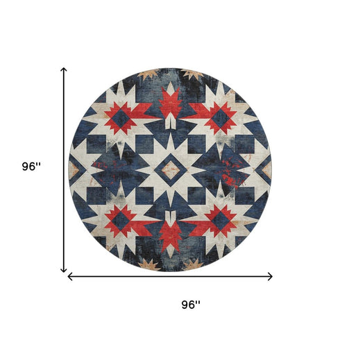 8' Navy Blue Red And Ivory Diamond Washable Round Rug With UV Protection