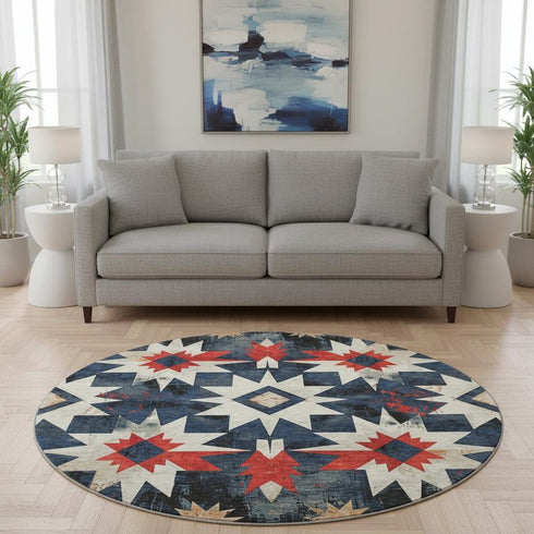 8' Navy Blue Red And Ivory Diamond Washable Round Rug With UV Protection