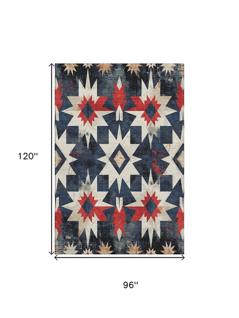 8' X 10' Navy Blue Red And Ivory Diamond Washable Area Rug With UV Protection