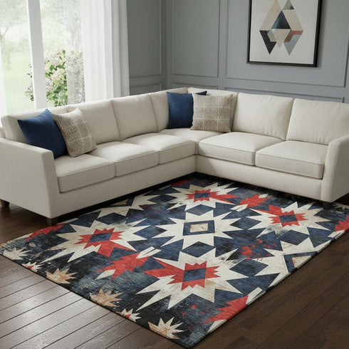 8' X 10' Navy Blue Red And Ivory Diamond Washable Area Rug With UV Protection