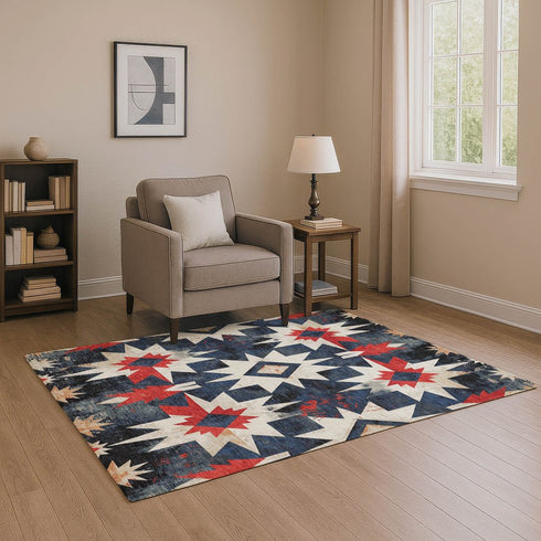 8' X 10' Navy Blue Red And Ivory Diamond Washable Area Rug With UV Protection