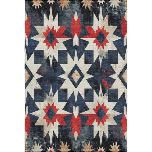 8' X 10' Navy Blue Red And Ivory Diamond Washable Area Rug With UV Protection