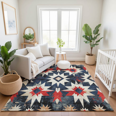 8' X 10' Navy Blue Red And Ivory Diamond Washable Area Rug With UV Protection