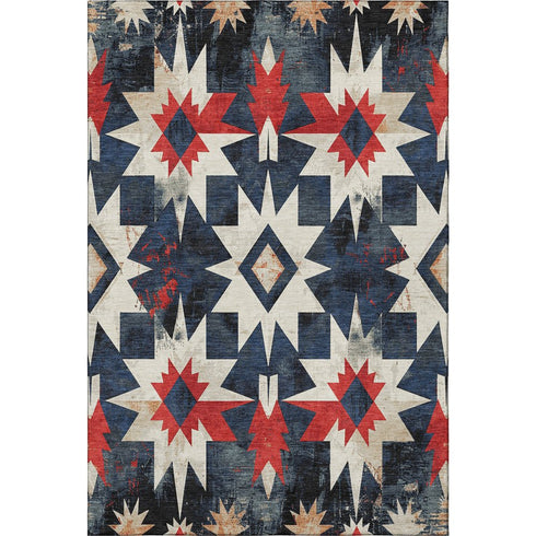 8' X 10' Navy Blue Red And Ivory Diamond Washable Area Rug With UV Protection