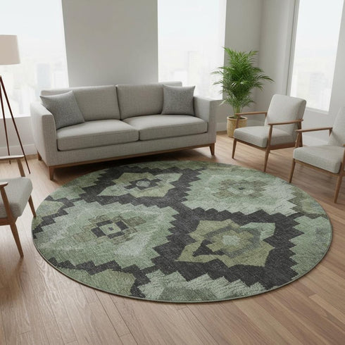 8' Artichoke Green And Gray Ikat Washable Round Rug With UV Protection