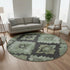 8' Artichoke Green And Gray Ikat Washable Round Rug With UV Protection