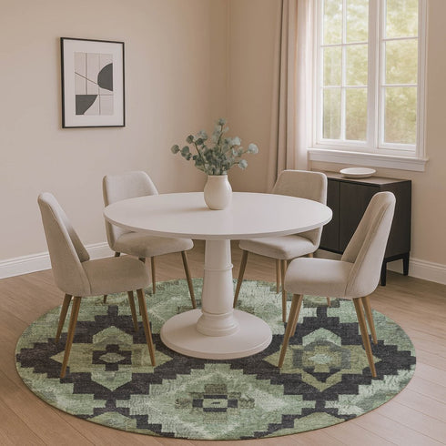 8' Artichoke Green And Gray Ikat Washable Round Rug With UV Protection