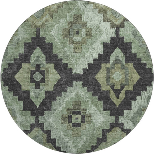 8' Artichoke Green And Gray Ikat Washable Round Rug With UV Protection