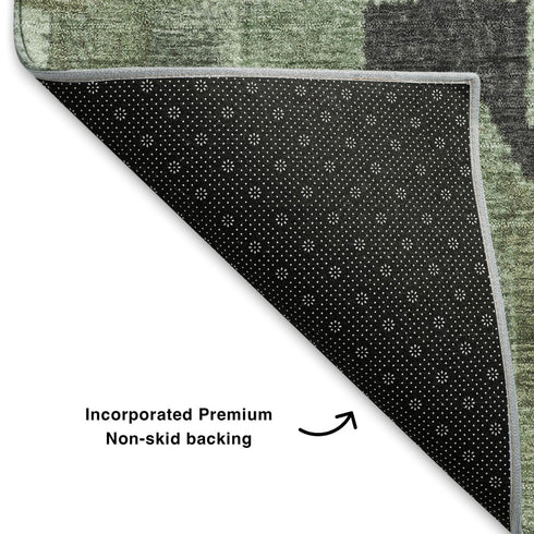 8' Artichoke Green And Gray Ikat Washable Round Rug With UV Protection