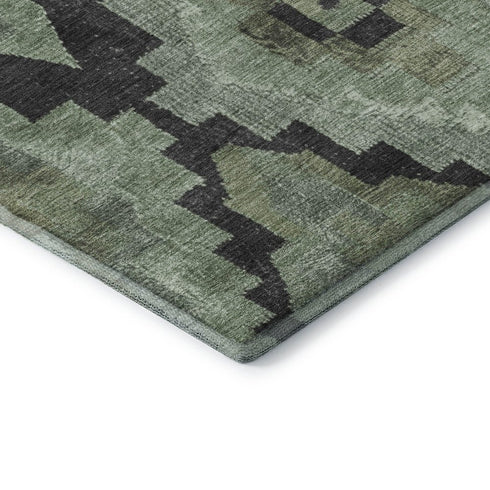 8' Artichoke Green And Gray Ikat Washable Round Rug With UV Protection