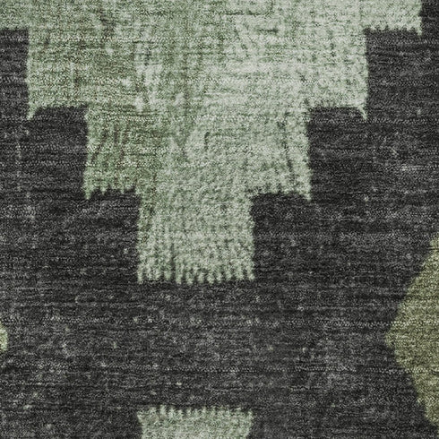 8' Artichoke Green And Gray Ikat Washable Round Rug With UV Protection
