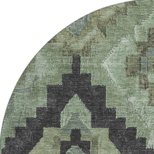 8' Artichoke Green And Gray Ikat Washable Round Rug With UV Protection