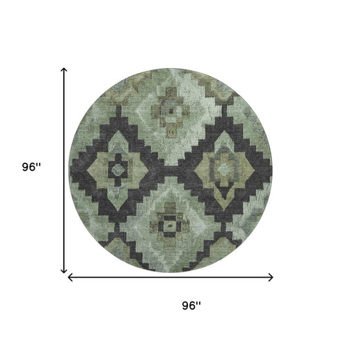 8' Artichoke Green And Gray Ikat Washable Round Rug With UV Protection