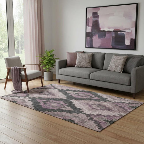 5' X 8' Blush And Gray Ikat Washable Area Rug With UV Protection