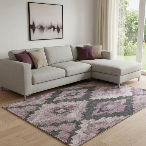 8' X 10' Blush And Gray Ikat Washable Area Rug With UV Protection