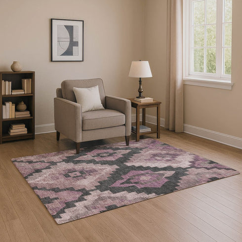 9' X 12' Blush And Gray Ikat Washable Area Rug With UV Protection