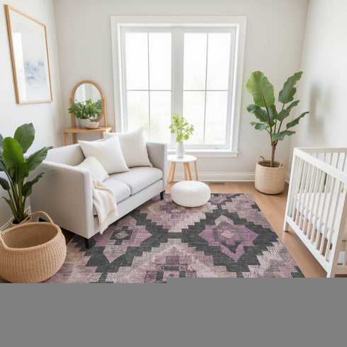 9' X 12' Blush And Gray Ikat Washable Area Rug With UV Protection