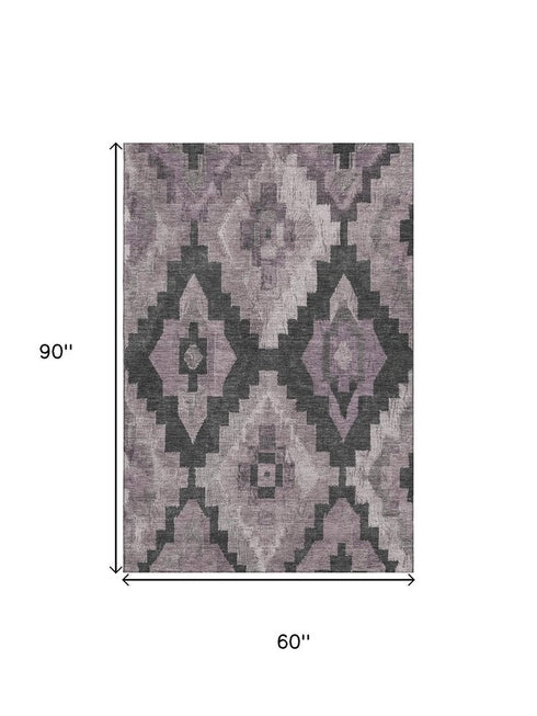5' X 8' Lavender And Gray Ikat Washable Area Rug With UV Protection