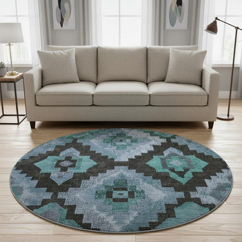 8' Teal And Charcoal Ikat Washable Round Rug With UV Protection