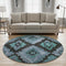 8' Teal And Charcoal Ikat Washable Round Rug With UV Protection