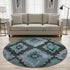 8' Teal And Charcoal Ikat Washable Round Rug With UV Protection