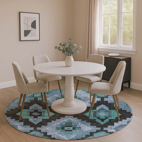 8' Teal And Charcoal Ikat Washable Round Rug With UV Protection