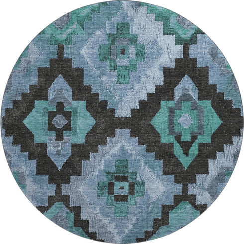 8' Teal And Charcoal Ikat Washable Round Rug With UV Protection