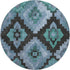 8' Teal And Charcoal Ikat Washable Round Rug With UV Protection