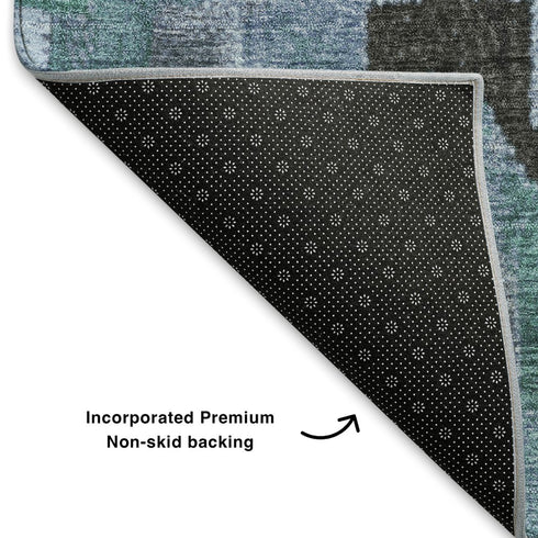 8' Teal And Charcoal Ikat Washable Round Rug With UV Protection