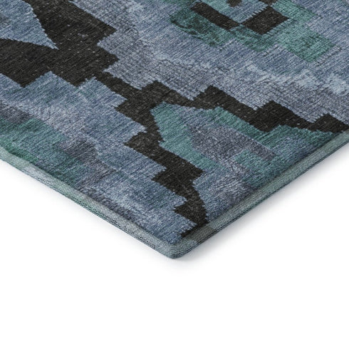 8' Teal And Charcoal Ikat Washable Round Rug With UV Protection