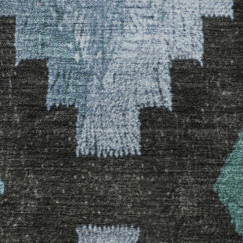 8' Teal And Charcoal Ikat Washable Round Rug With UV Protection