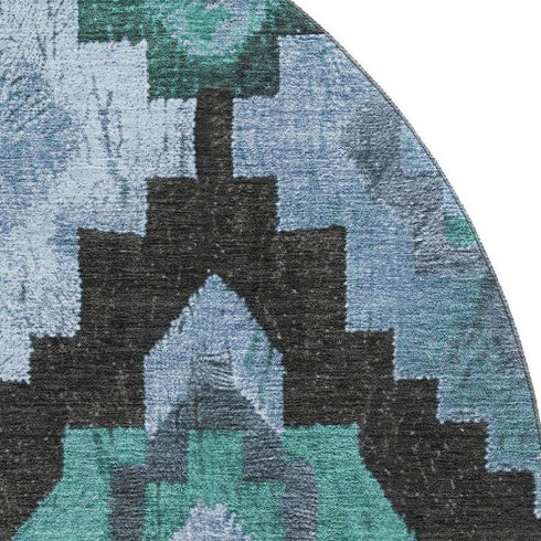 8' Teal And Charcoal Ikat Washable Round Rug With UV Protection