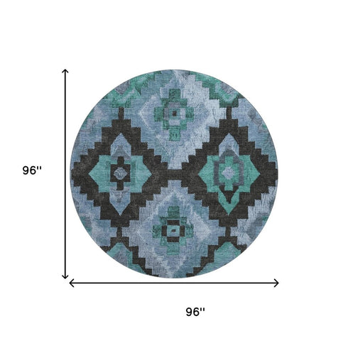 8' Teal And Charcoal Ikat Washable Round Rug With UV Protection