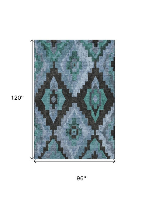 8' X 10' Teal And Charcoal Ikat Washable Area Rug With UV Protection