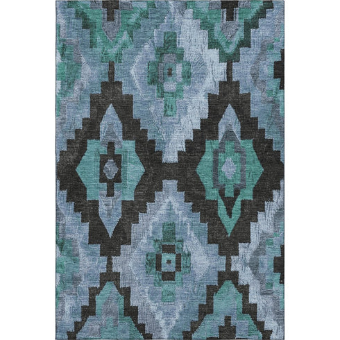 8' X 10' Teal And Charcoal Ikat Washable Area Rug With UV Protection