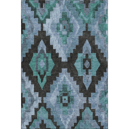 8' X 10' Teal And Charcoal Ikat Washable Area Rug With UV Protection