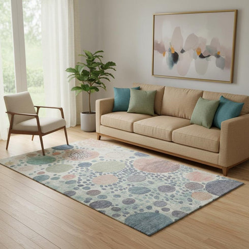 5' X 8' Denim Blue Peach And Ivory Geometric Washable Area Rug With UV Protection