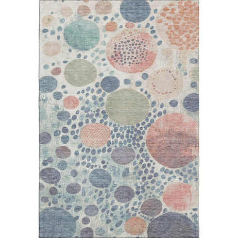 5' X 8' Denim Blue Peach And Ivory Geometric Washable Area Rug With UV Protection
