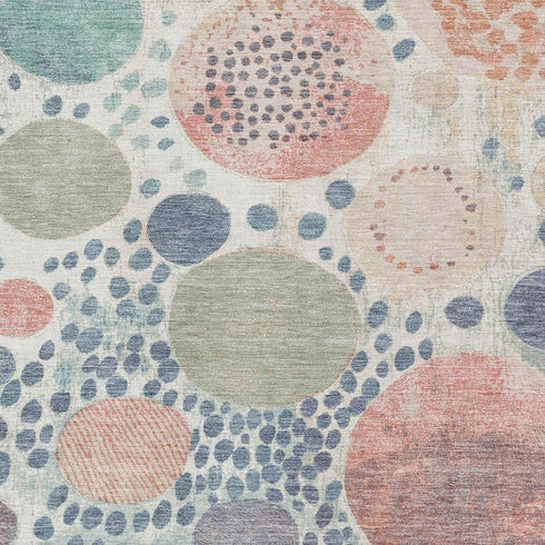 5' X 8' Denim Blue Peach And Ivory Geometric Washable Area Rug With UV Protection