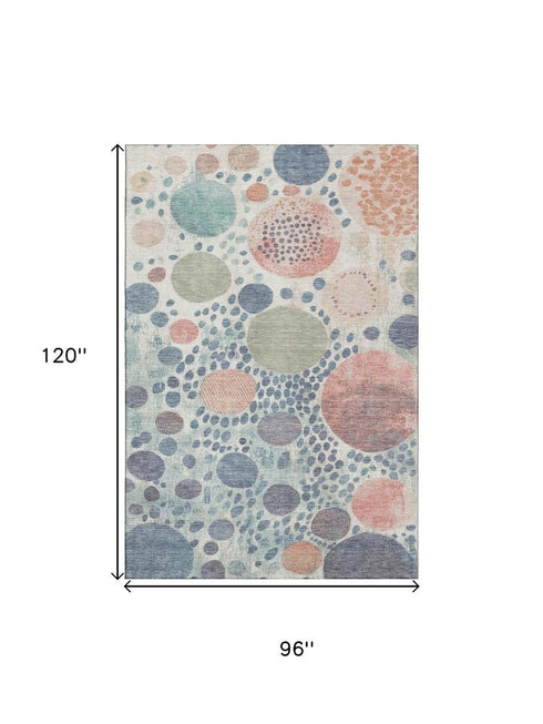 8' X 10' Denim Blue Peach And Ivory Geometric Washable Area Rug With UV Protection