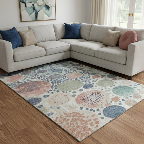 8' X 10' Denim Blue Peach And Ivory Geometric Washable Area Rug With UV Protection