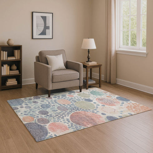 8' X 10' Denim Blue Peach And Ivory Geometric Washable Area Rug With UV Protection