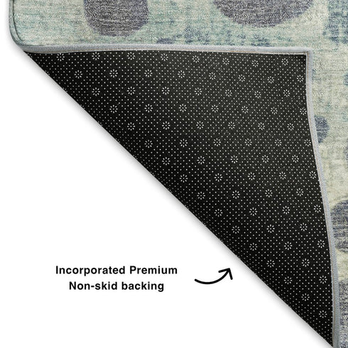 8' X 10' Denim Blue Peach And Ivory Geometric Washable Area Rug With UV Protection