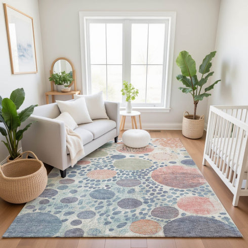 8' X 10' Denim Blue Peach And Ivory Geometric Washable Area Rug With UV Protection