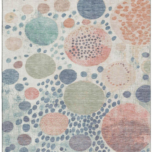 8' X 10' Denim Blue Peach And Ivory Geometric Washable Area Rug With UV Protection