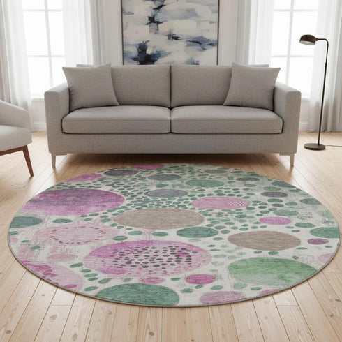 8' Green Pink And Ivory Geometric Washable Round Rug With UV Protection
