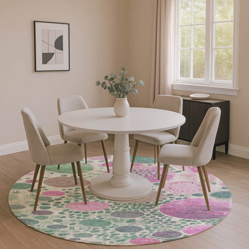 8' Green Pink And Ivory Geometric Washable Round Rug With UV Protection