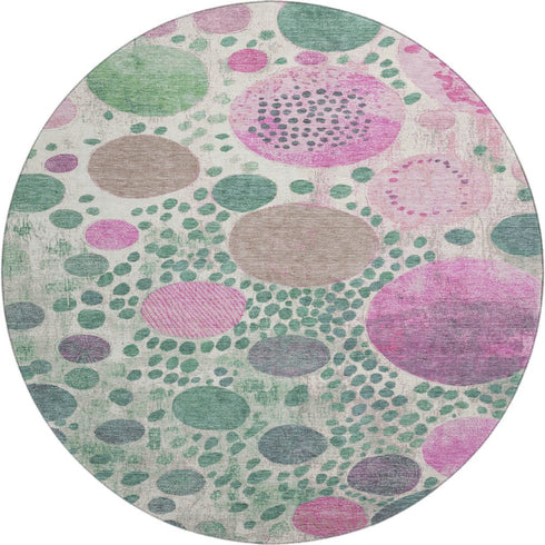8' Green Pink And Ivory Geometric Washable Round Rug With UV Protection