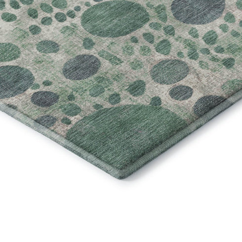 8' Green Pink And Ivory Geometric Washable Round Rug With UV Protection